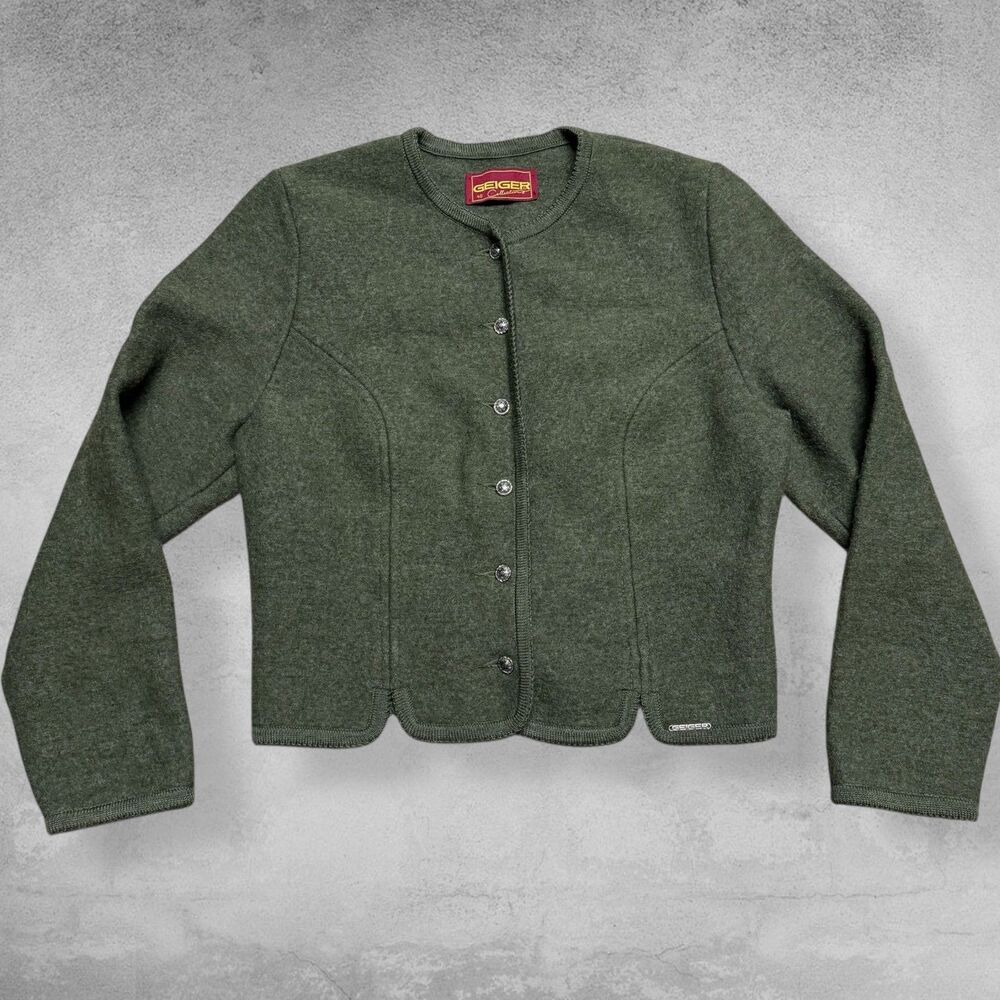 GEIGER Austria 100% Boiled Wool Cropped Cardigan Sweater Jacket Green 40 US 10 - Picture 4 of 7